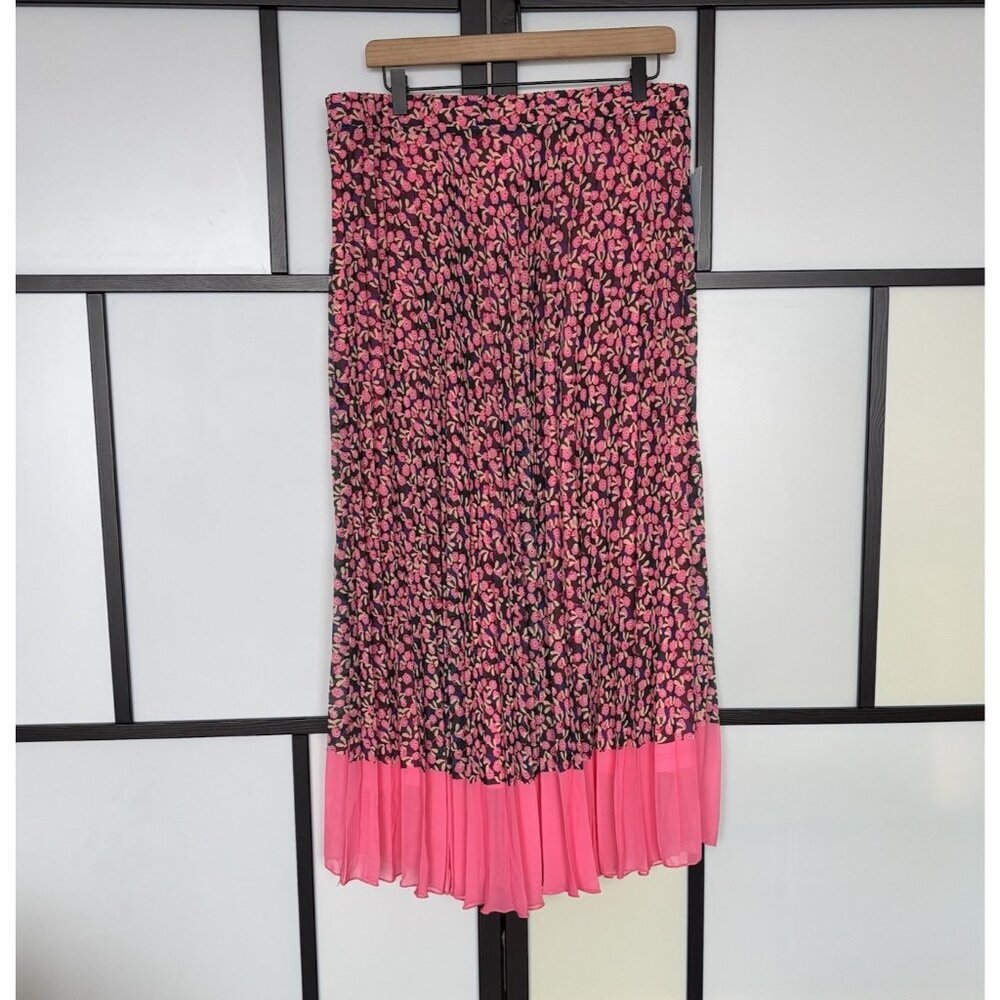 Blue Sol Pleated Midi Skirt Floral Pink Black Womens Size XL Boho Femenine‎ NWT